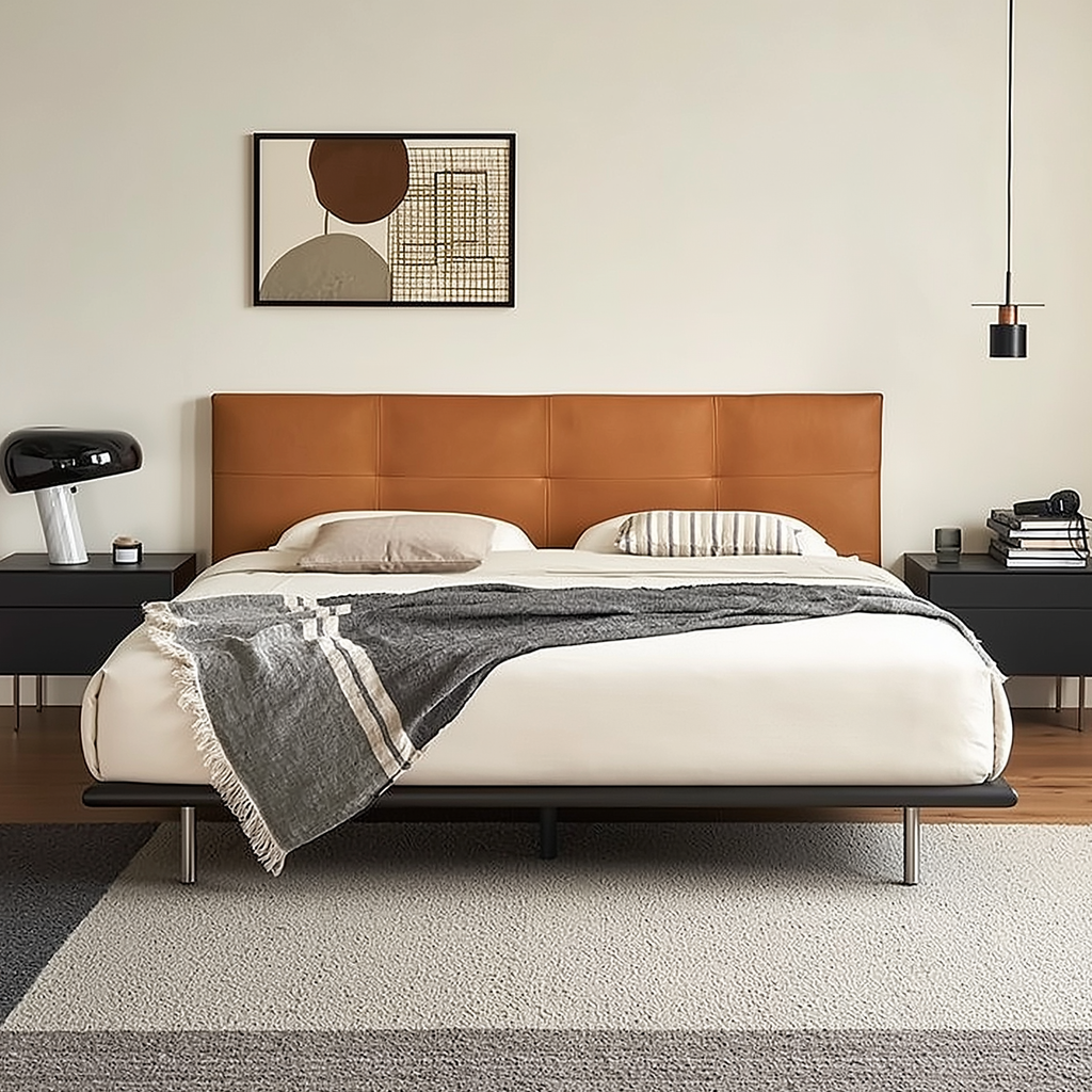 Lit en cuir couleur brique caramel